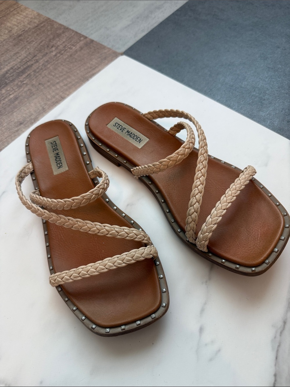 Steve Madden Braided Beige Strappy Slide Sandals